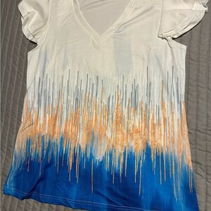 Source Unknown White, Orange, and Blue Short Sleeve Top